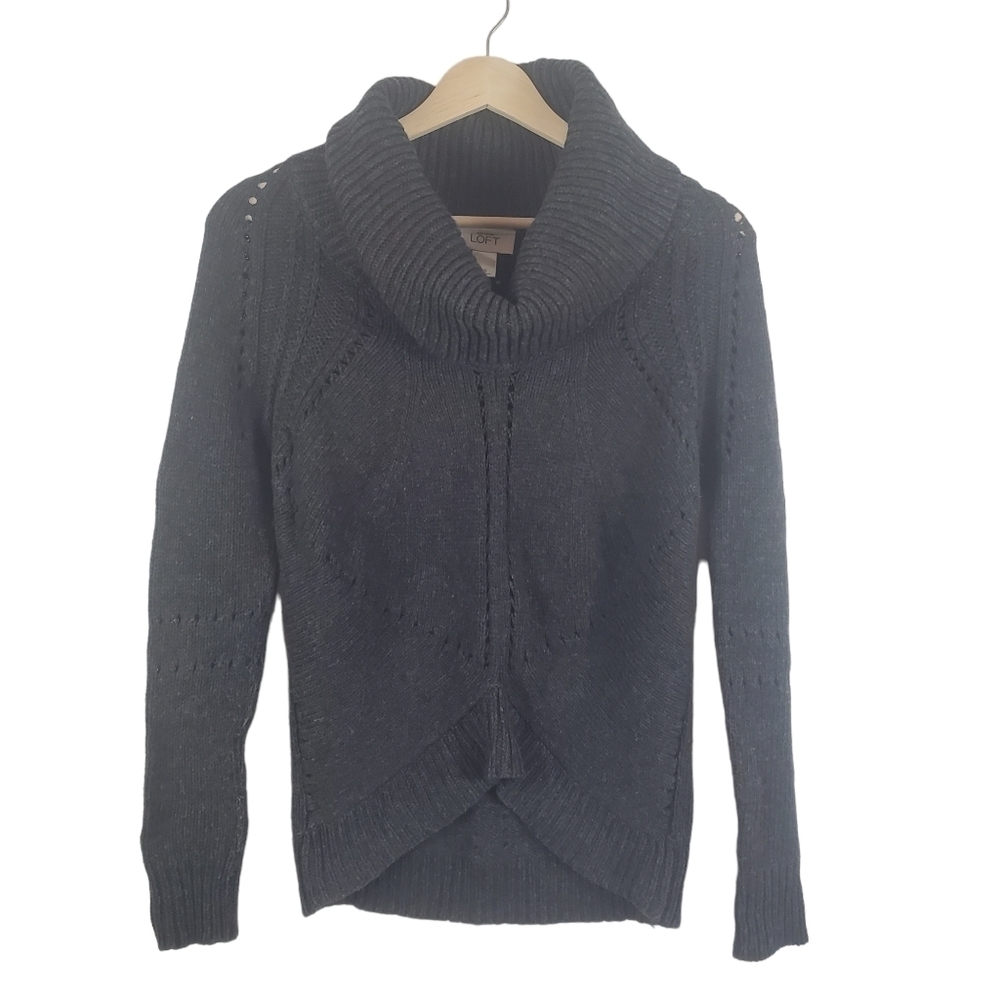 LOFT Sweater Womens XS Wool Blend Gray Turtleneck Open Knit Asymmetrical hem